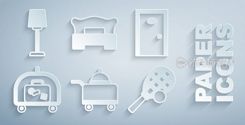 Set Covered with tray of food, Hotel door, luggage cart, Tennis racket ball, Bedroom and Table lamp icon. Set Covered with tray of food, Hotel door, luggage cart, Tennis racket ball, Bedroom and Table lamp icon。向量
